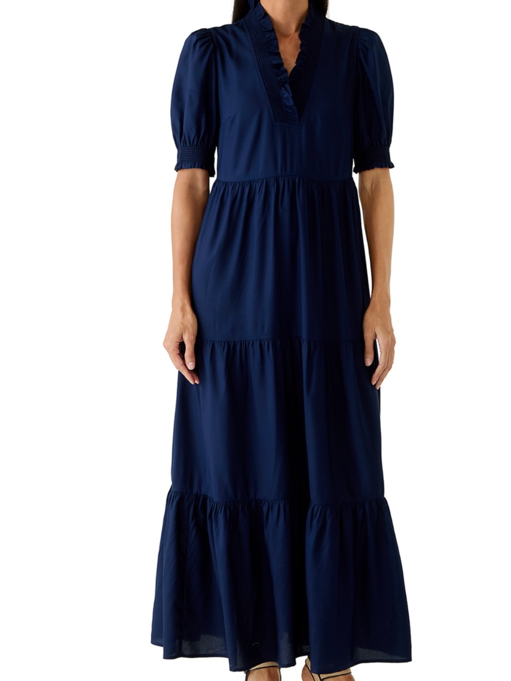 Crown & Ivy Women’s Maxi Dress - NAVY- Short sleeve smocked ruffle neck